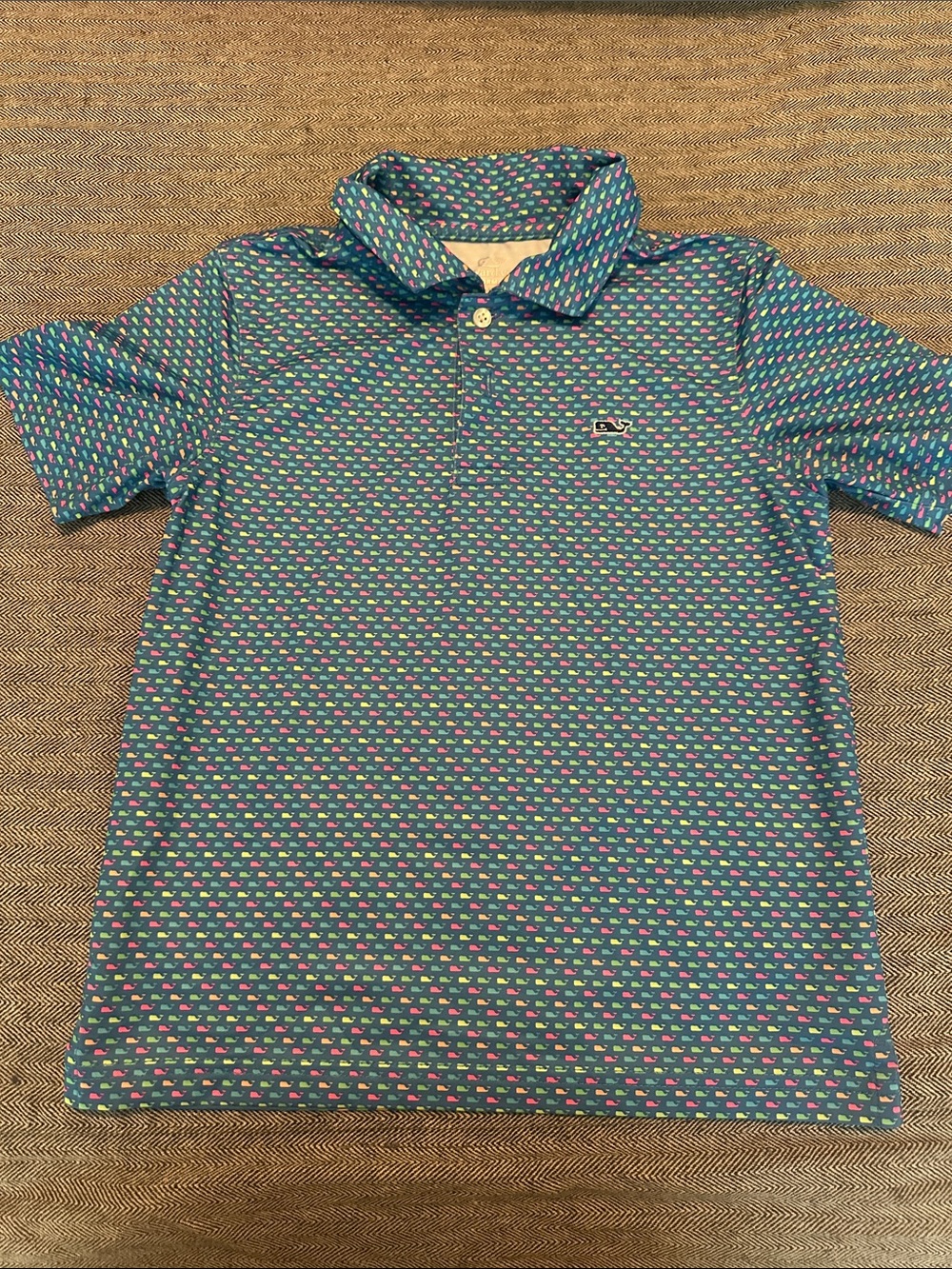 Vineyard Vines Boys Teal Polo with Pink Whale Print